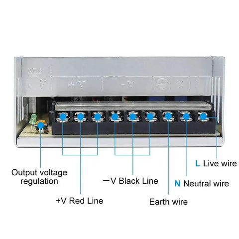 Heavy Duty 24V DC Power Supply 400W 16.5A Universal 100 To 240V AC Input For LED Strips CCTV 3D Printers And Computer Projects High Efficiency Regulated Driver showing wiring terminals and output voltage regulation in a metal enclosure.