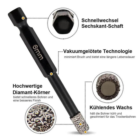 Close-up of Dry Diamond Drill Bit Set With Four One Quarter Inch Diamond Core Bits And One Quarter Inch Carbide Drill Bit For Ceramic Tile Marble And Porcelain 6mm Quick Change Shank By SHDIATOOL, featuring key features labeled in German.