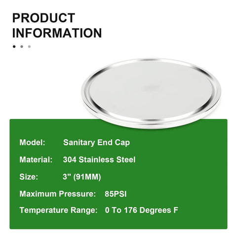 Sanitary end cap, 3-inch (91mm), 304 stainless steel, for tri-clamp fittings, 85 PSI max, 0–176°F