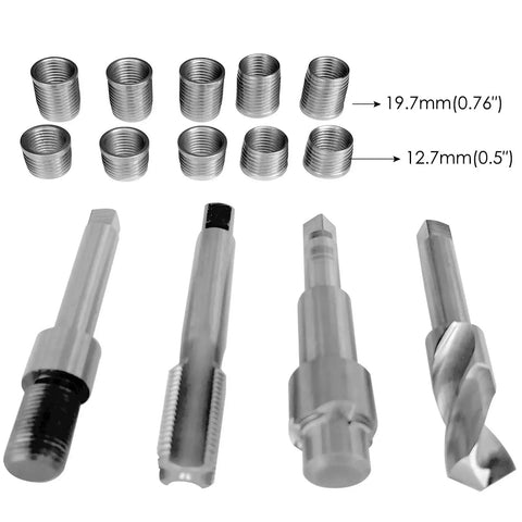 Two Sizes 5/8-18 Thread Repair Kit With Stainless Steel Inserts In 0.5 And 0.76 Inch Lengths For Auto Parts And ATV UTV Repairs Durable DIY Bolt Thread Repair Tool with four metal tools and stainless steel inserts for thread restoration visible.