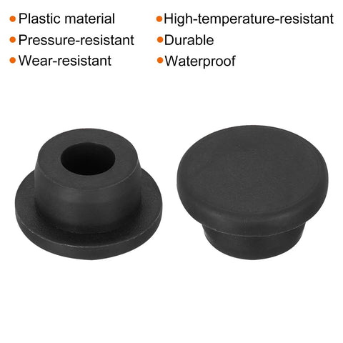 Two black three pack T shaped silicone plugs 20mm diameter snap in hole seal covers, shown in front and side view, with material properties listed.
