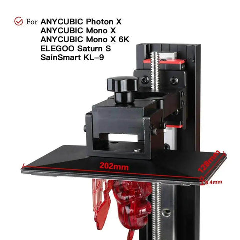 Upgraded Resin Magnetic Flexible Steel Plate Bed 202x128mm on 3D printer frame with red resin model visible below print bed.