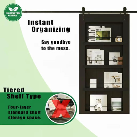 Two Panel 84 Inch Tall Sliding Barn Door With Shelf Style Look, 72 Inch Wide, 36x2 Configuration, Black Finish, front view