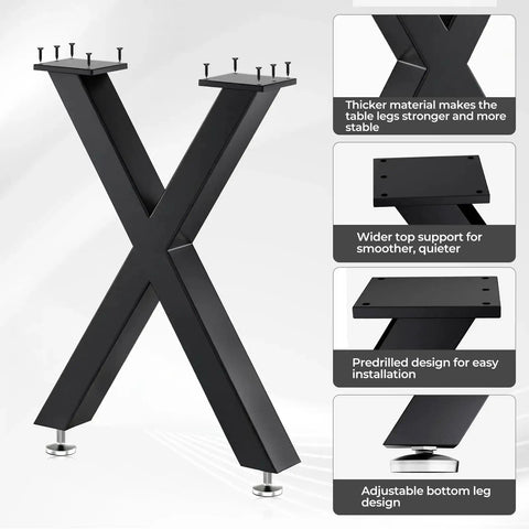 Beefy Heavy Duty Black X Shape Coffee Table Legs 16H X 11.7W, Metal Bench Style Base, adjustable feet, shown in detail