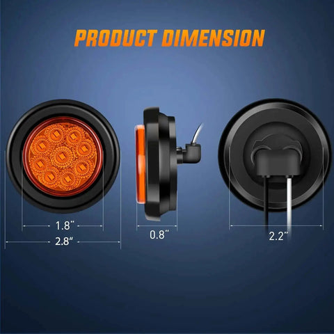Dimensions of 2 Inch Round Amber Marker Light With 9 LEDs, Flush Mount Clearance Light, Plug Grommet Pigtail, Hardwired 12V, For Vehicles.