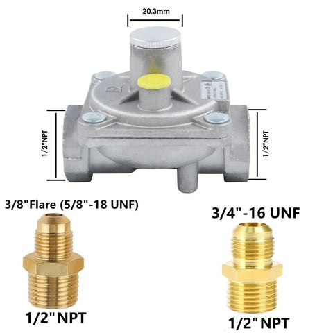 Dual fuel regulator for natural gas and propane with 1/2 inch FPT connections, 3/4-16 UNF and 3/8 inch adapters visible.