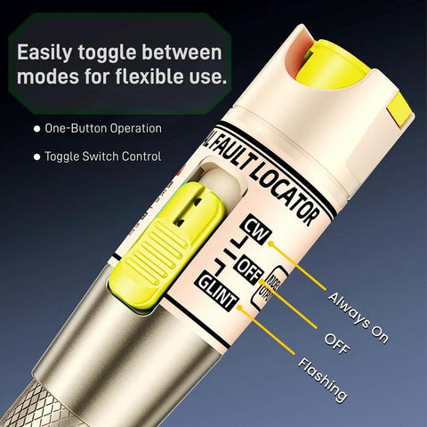 Pen-style visual fault locator for fiber optics; white body, yellow push button, red light output, labeled CW/OFF/GLINT