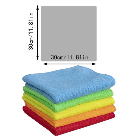 Ultra Soft Microfiber Cleaning Cloths 5 Pack 11.8 By 11.8 Inches in assorted colors for home and car cleaning.