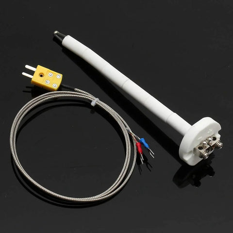 K thermocouple kiln probe with ceramic insulator rod, braided stainless cable, yellow two-prong connector block