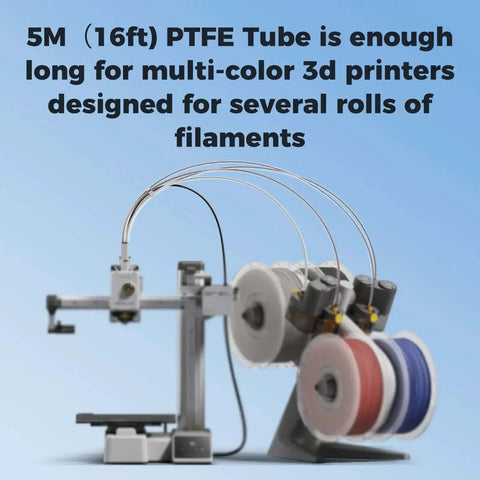 PTFE Filament Tube 2.5mm ID 4mm OD 5m with 2 Couplers and Tubing Cutter for 3D Printer, showing multiple filament spools.