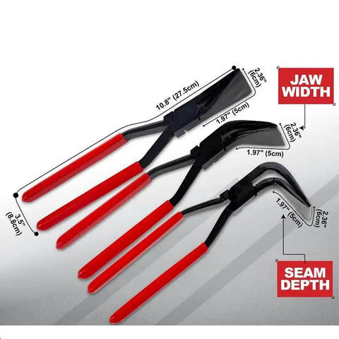 Hand Seamer Pliers Set For Sheet Metal Bending And HVAC Ductwork, 3 Piece Metal Pliers Kit with red handles and size details.
