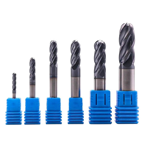 High Performance Solid Carbide Ball Nose End Mills Set, 6 Pc AlTiN Coated, 4 Flute, 30 Degree Helix, CNC Router Bits with Blue Cases