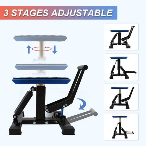 Side view of adjustable 1200 lb dirt bike stand and lift with aluminum platform, showing three-stage height adjustment.