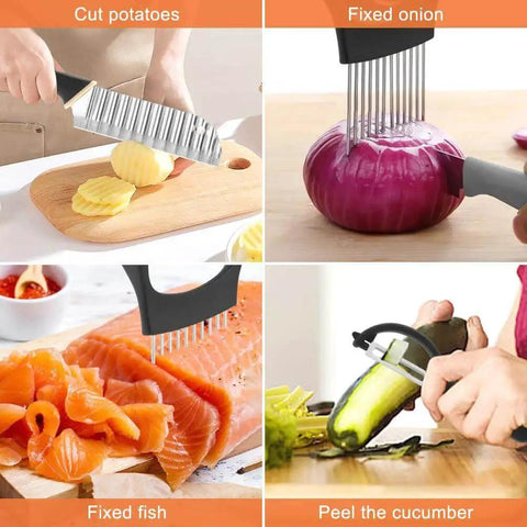 Black Crinkle Cutter With Onion Holder And P Type Peeler Stainless Steel Wavy Veggie Slicer Used for Cutting Potatoes, Onions, Cucumber