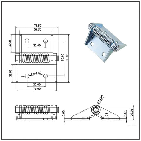 Diagram and photo of Heavy Duty Spring Loaded Self Closing Resettable Iron Hinges For Electrical Control Cabinet Doors In Industrial Applications 1 Piece Pack