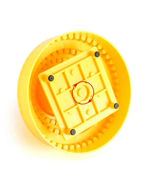 Bottom view of Rotary Bur Holder Tool With 116 Holes, 360 Degree Rotating Base for Drill Bits Organization, yellow plastic material.