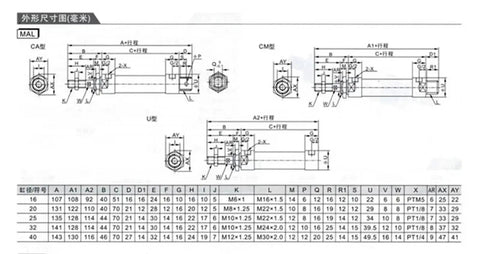 ZZAYGESY aluminum alloy pneumatic cylinder diagram with front and side views and dimension table (M-AL16x150).