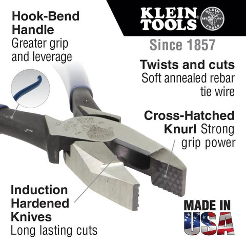 Heavy Duty Slim Head Diagonal Cutters with Spring Loaded Action for Cutting ACSR Nails Screws and Soft Rebar Tie Wire Induction Hardened Blades for Longevity Forged in USA Ironworker Pliers from Klein Tools