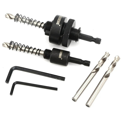 Six Piece Bi Metal Hole Saw Arbor Set With One Quarter Inch Hex Quick Change, Secure Locking Design, two arbors, pilot bits, wrenches