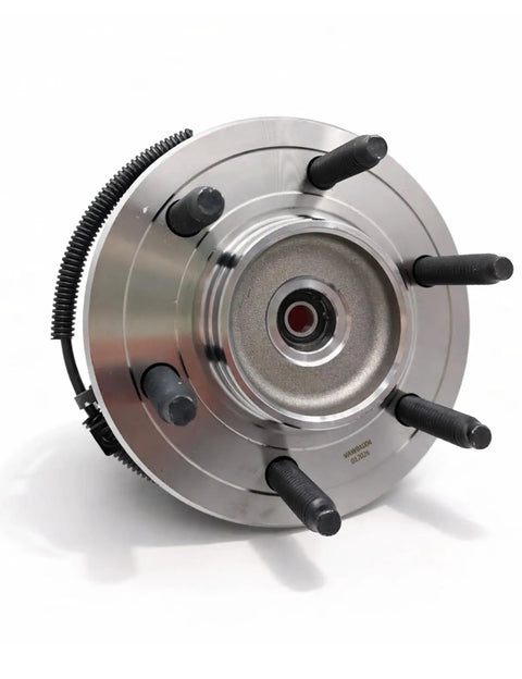 Front Wheel Bearing Hub Assembly 6 Lug 4WD For Ford F-150 Expedition Lincoln Navigator 2011-2014 With ABS Sensor Replacement Part Direct Fit Built To Last Easy Install, shown at an angle with visible lug bolts and ABS sensor wire