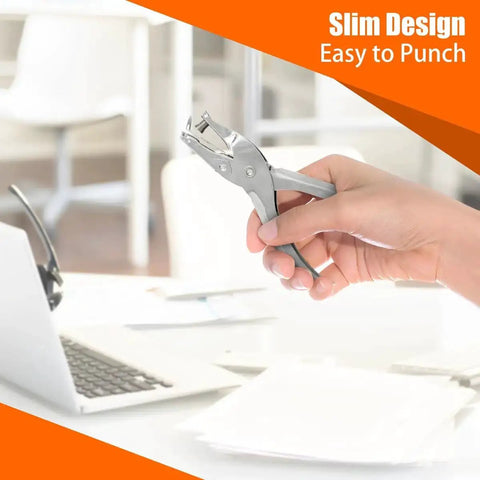 Hand holding 12 Pack Single Hole Puncher Set, 8 Sheet Capacity One Quarter Inch Circle Paper Punch for Crafts and Office, shiny silver.