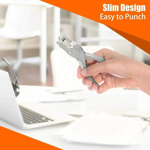 Person holding Six Pack Single Hole Puncher Set In Shiny Silver, 8 Sheet Capacity Each, One Quarter Inch Circle Paper Punch For Crafts And School