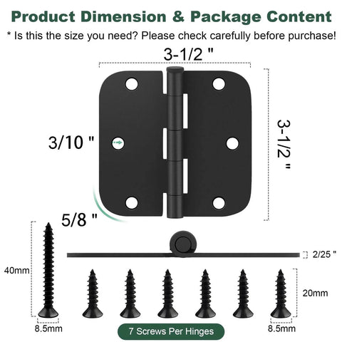 Dimensions of 30 Pack Matte Black Door Hinges 3.5 by 3.5 Inch Five Eighth Inch Radius Interior Hinges with Six Holes and 7 screws