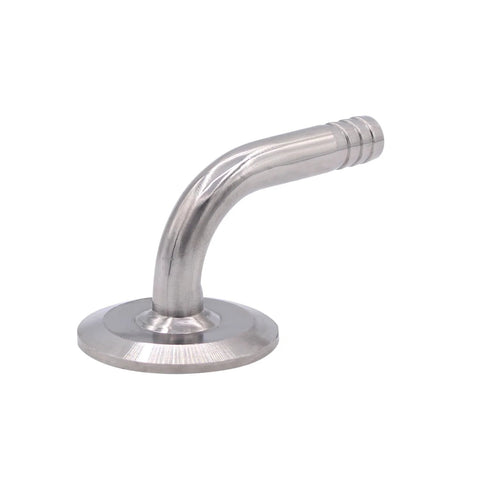 DERNORD sanitary hose barb elbow, 1.5 inch tri-clamp, stainless steel, 90-degree bend, 1/2 inch tube OD.