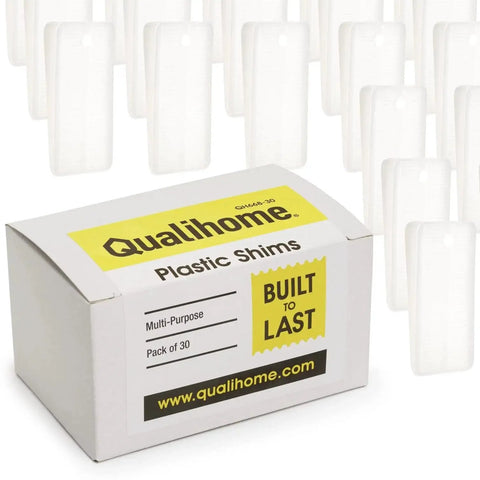 Plastic Furniture Leveling Shims 30 Pack for Wobble Free Floors with Box labeled "Qualihome"