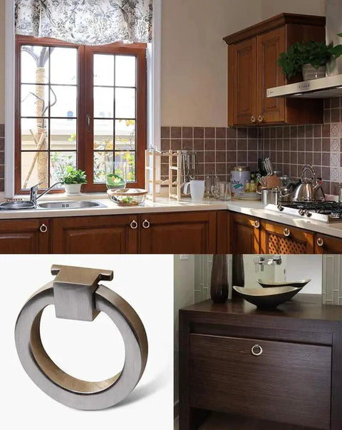Kitchen cabinets with 6 Pack Brushed Nickel Ring Drawer Pulls Stainless Steel Cabinet Handles for easy installation on drawers and doors.