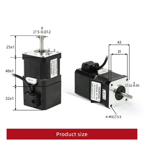 Front and side views of two 42 brake NEMA17 stepper motors, 12V, 4‑lead, 52 N·cm torque.