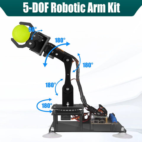 5-DOF robotic arm kit by Adeept with black arm and yellow ball gripper, Arduino IDE compatible STEM toy