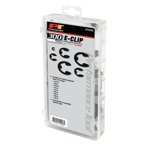 W5208 300 Piece E Clip Assortment Kit with resealable case shown in packaging, ideal for automotive and hardware projects.