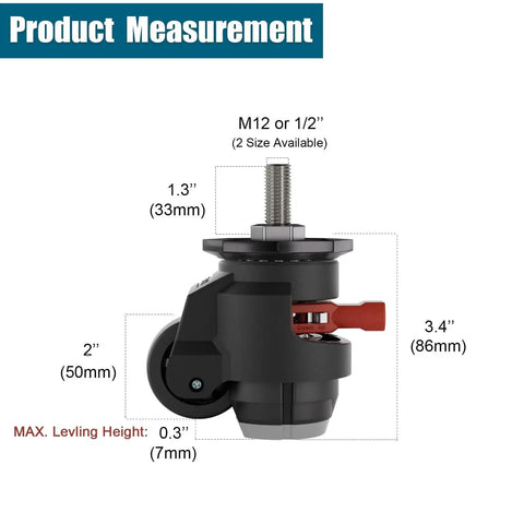 Side view of 2 Inch Stem Leveling Caster Wheels With Ratchet Handle Height Adjustable Heavy Duty Casters Set Of Four Half Inch And M12 Stem Sizes Retractable Workbench Casters Total Load Up To 2200 Lbs Black, showing dimensions in inches and mm.
