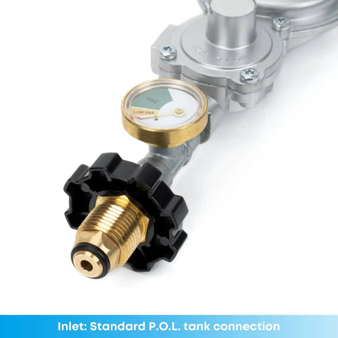 Horizontal Two Stage Propane Regulator With Gauge Three Eighth Inch Female NPT And POL Tank Connection, brass construction