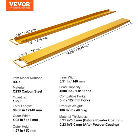 96 Inch Fork Extensions For 5 Inch Forks Forklift Loaders Heavy Duty Steel Pair with dimensions and specs displayed