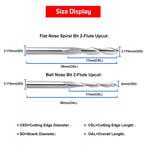 Size display of 40 Piece Pro Grade All In One CNC Router Bits Set With 1/8 Inch Shank Ball Nose And Flat Nose End Mills, 2 Flute, Nano Blue Coat And Titanium Coat, Engraving Milling Cutter Kit For Wood Metal Plastic, High Precision Tungsten Carbide.