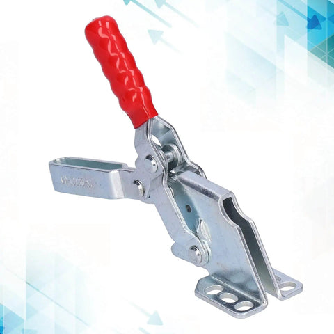Beefy Quick Release Toggle Clamp For Vertical Hold Downs 230kg Capacity Model 12130 SM Adjustable Fixtures For Woodworking Jigs Welding And Drill Presses Heavy Duty Clamp Set with red ergonomic handle and metal body.