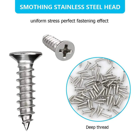 Close-up of stainless steel screws from Stainless Steel Straight Brace Set For Home Improvement, Four Pieces 156 By 18 Mm Flat Brackets With 24 Included Screws.