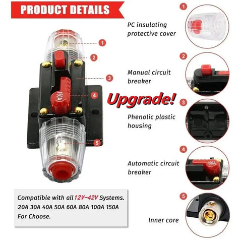 Inline 150A Fuse Holder Circuit Breaker for Car Audio and Amp Setups with Overload Protection, manual reset, red switch