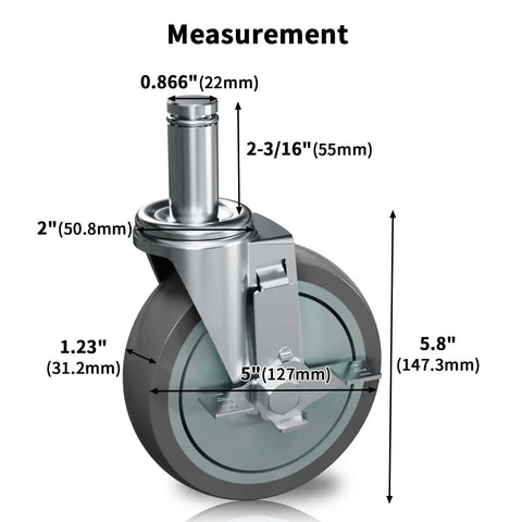 5 Inch Stem Locking Caster Wheels Set Of 4 For Wire Shelving Racks Heavy Duty With Brakes Non Marking Thermoplastic Rubber Wheels Each Caster Supports 350 Lb And Total Up To 1400 Lb side view showing measurements