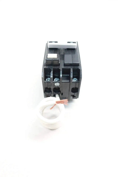 QBGFT2050 Two Pole 50 Amp Miniature Circuit Breaker 120/240V AC for home panels, front view with coiled wire
