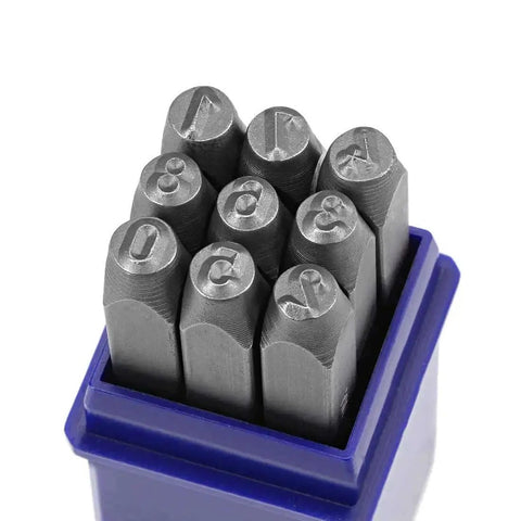 Heavy Duty Metal Stamp Set 5/32 Inch And 4mm Digits 0 To 9 in blue case, sandblasted finish, for wood, leather, and steel crafts
