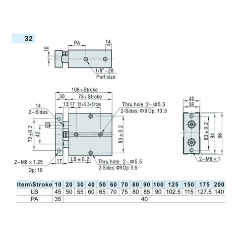 Aluminum alloy pneumatic air cylinder with twin-rod shaft; 10–150 mm stroke, side and end views.