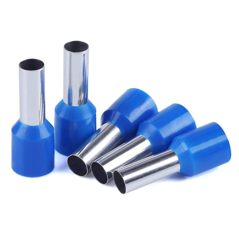 Close-up of blue tin-plated ferrules from 200 Piece Copper Wire Ferrules Kit With Insulated Crimp Connectors For 6 AWG To 16 Mm2 Cables