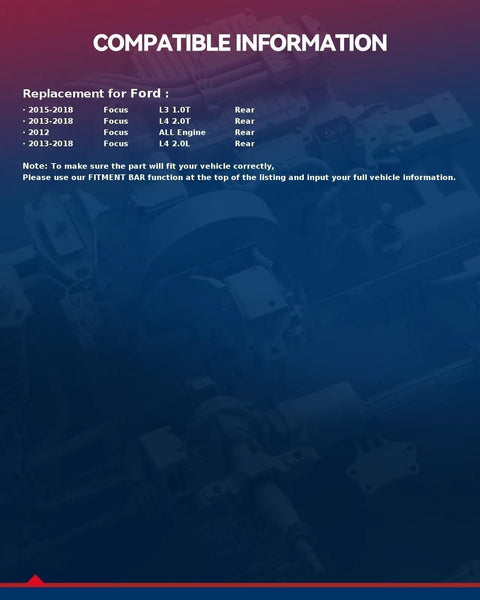 Compatibility chart for Rear Wheel Bearing And Hub Assembly 512466 Pair For Ford Focus 2012 2018 5 Lug ABS Compatible With 2.0T Engine