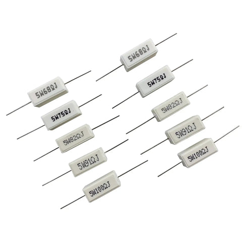 MOKMMKIT 60-piece white ceramic cement resistor kit with 5W axial resistors, values 0.01–100 Ω.