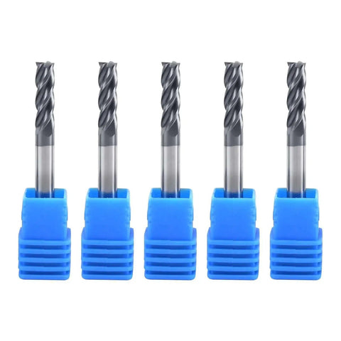 Carbide Square End Mill Set For Metalworking, Four Flute Micro Grain Bits, Five Size Range One Eighth To One Half Inch, AlTiN Coated, 5 Pieces