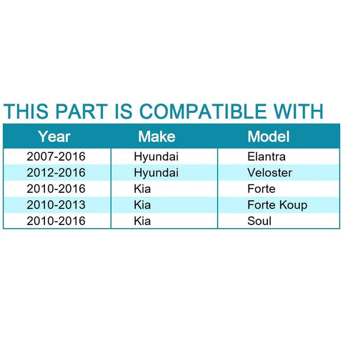 Compatibility chart for Front Wheel Bearing And Hub Assembly 510093x2 Fits Hyundai Elantra 2007 2016, Kia Soul 2010 2016.
