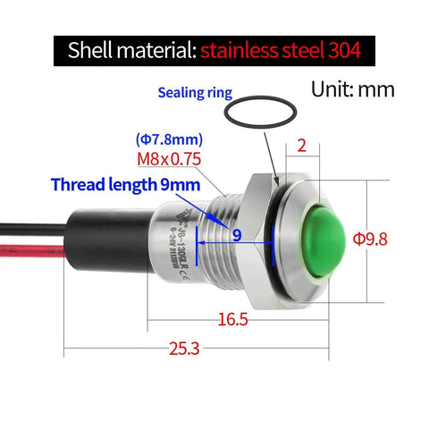 Diagram of 8mm Mini Indicator Light IP67 Waterproof Domed Stainless Steel 304 LED Signal Lamp with dimensions labeled